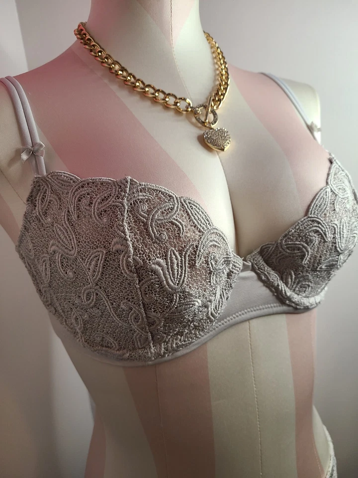 Новый винтажный Victoria's Secret желание вышитый бюстгальтер/трусики комплект 34C/sm - серебро - Изображение 4 из 4