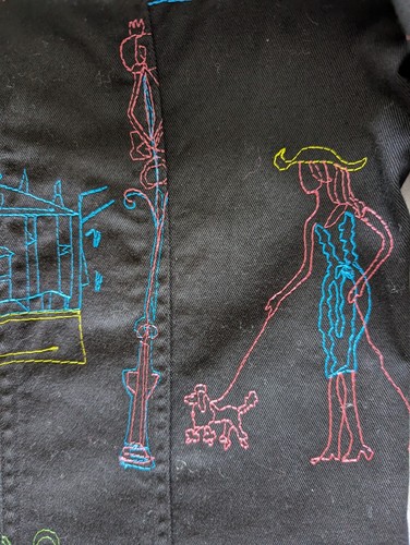Coldwater Creek Jean Jacket Black Colorful Embroidery Dogs Coffee Cotton Small - Picture 6 of 12