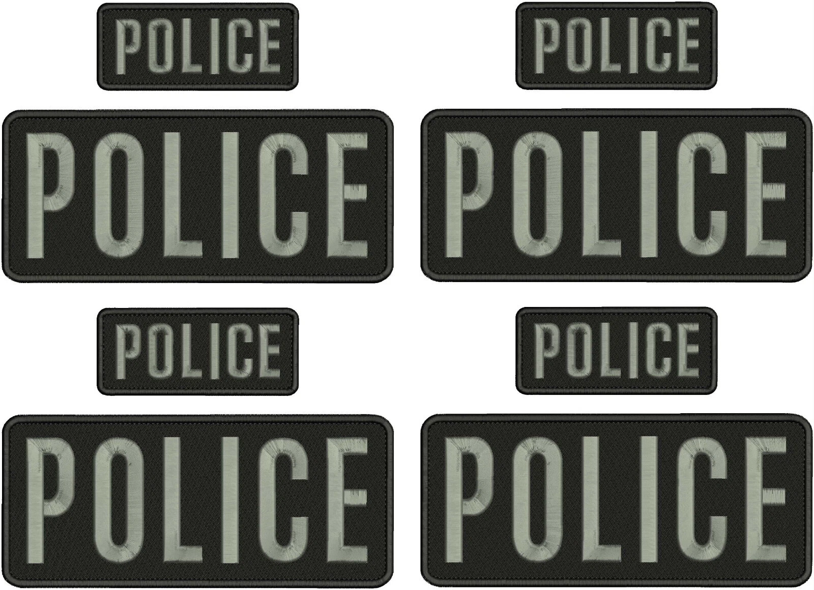 POLICE 8 EMBROIDERY PATCHES 3X9 AND 2X5 HOOK ON BACK BLACK GRAY ON BLACK