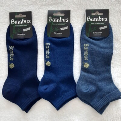 3 Paar Damen Bambus Glück Sneaker  Socken weicher Softrand Sorbtek Uni Blautöne