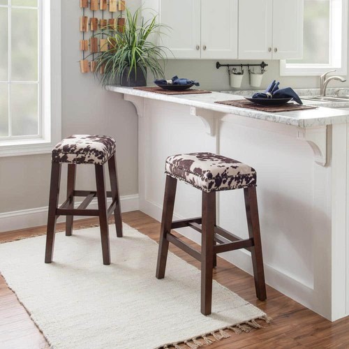 Linon Home Bar Stool 30" Backless Cushioned Nailhead Foot Rest Brown Cow Print - Picture 6 of 8