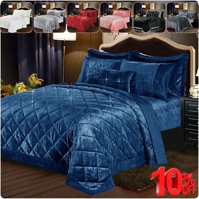 Diamante Quilted Crushed Velvet Luxus Tagesdecke Überwurf Kissenbezüge Kissen