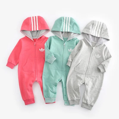 Newborn Baby Boy Girl Hooded Romper Zip Jumpsuit Bodysuit Clothes Outfits 0-18 M