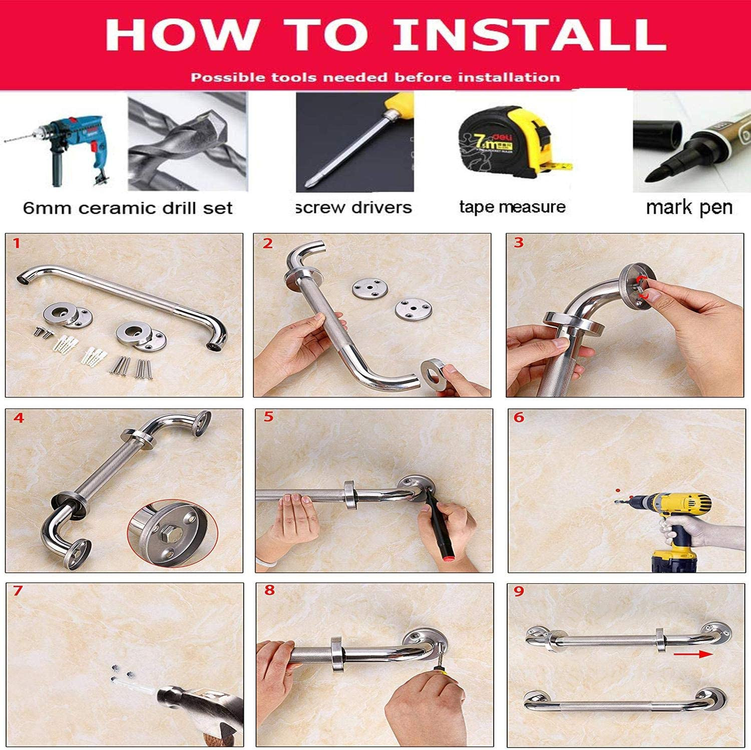 12 Inch Stainless Steel Chrome Shower Grab Bar, ZUEXT Bathroom Balance Bar,,,