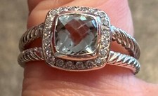 David Yurman 18K Silver Ring with Pave Diamonds and prasiolite checkered, size 6