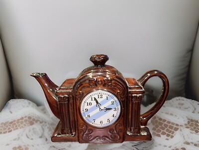 Vintage A K Dash & Co. Dark Brown Ceramic Clock Design Tea Pot Japan 8  Long 6 