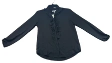 Bar III Button Down Blouse Womens size XXS Black Business Career Ruffle Trim New