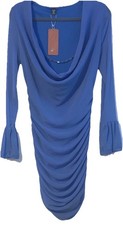 SHEIN Blue Bodycon Dress Ruched Chain Accent Long Sleeve Cowl Neck 0XL