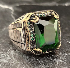 Men Silver Green Zircon Stone Ring , Silver Green Emerald Gemstone Ring