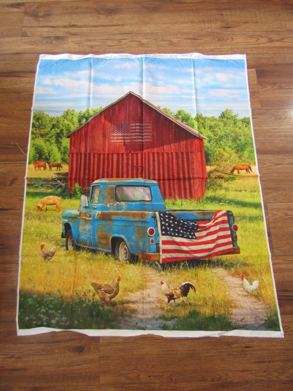 AMERICAN FLAG CHICKENS BARN PICK-UP TRUCK WALL HANGING 2000 COTTON Fabric PANEL