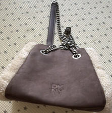 DKNY Brown Leather Shoulder Bag Faux Fur Trim, Chain Strap, Silver HW