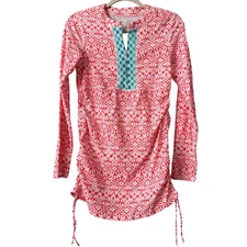 CabanaLife Long Sleeve Rash Guard Tunic Swim Cover Up Coral White Med