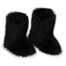 Women's Furry Faux Fur Boots Fuzzy Fluffy Mid Calf Snow Boots Suede 9 Black 1
