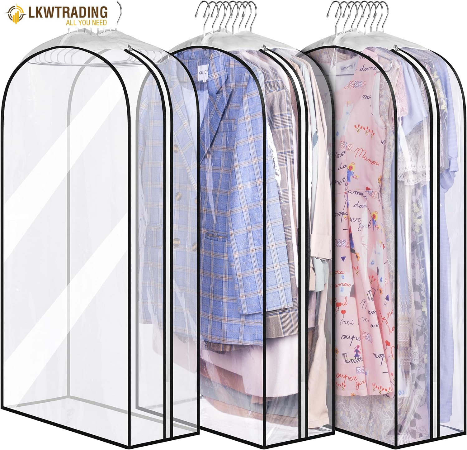 Waterproof Gusseted Garment Bags - 3 Pack Clear Suit Covers with Side Zip