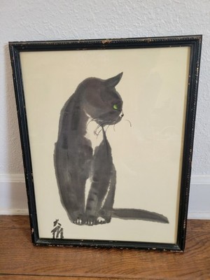 Vntg Framed Print By Da Wei Kwo ''TIP'' Black Cat 19×15''