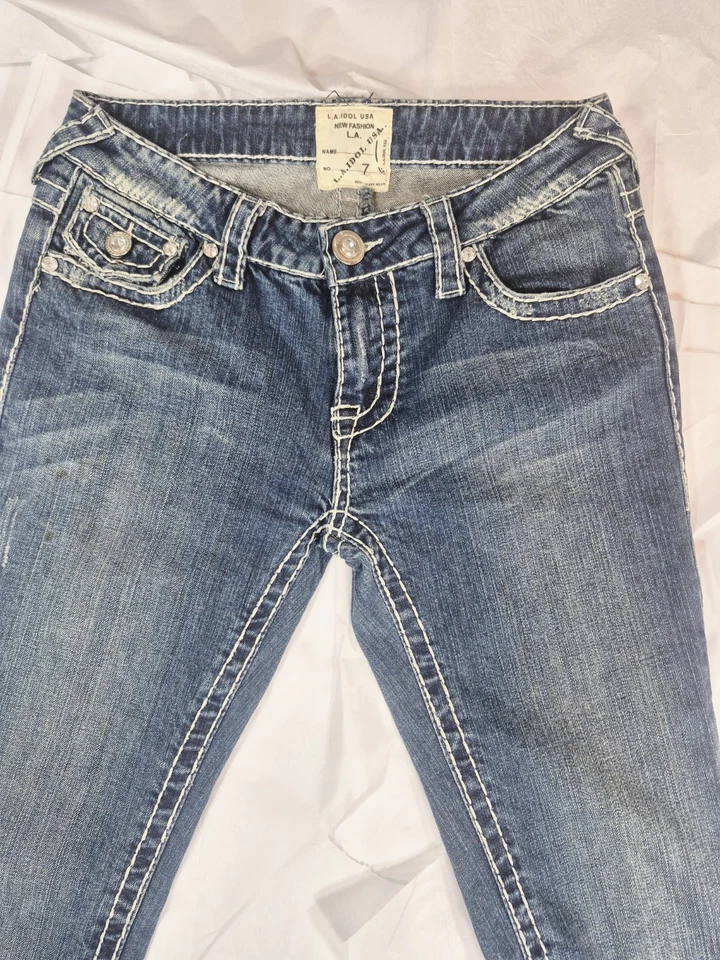 L.A. Idol USA Women’s Jeans Sz 7 Bootcut Flare Rhinestone Pockets Distressed... - Image 3 of 4