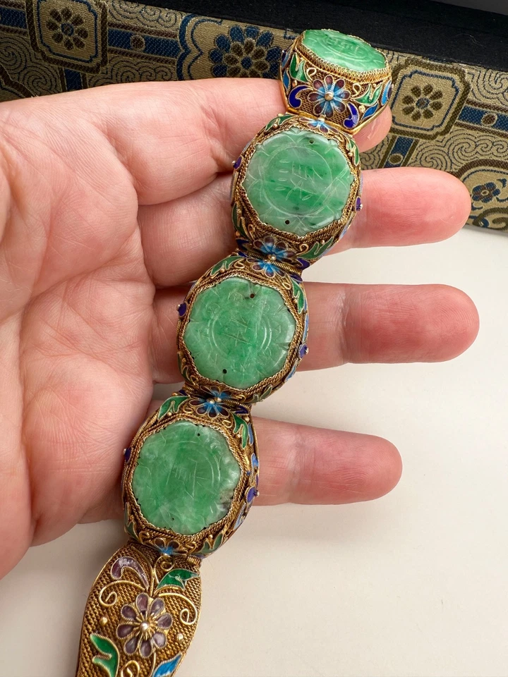 Антикварный китайский эмалированный серебряный браслет из вермея жадеита нефрита в оригинальной коробке - Изображение 4 из 4