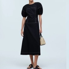 Madewell Size 12 Poplin Cotton Puff-Sleeve Drop-Waist Midi Dress Summer LBD NWT