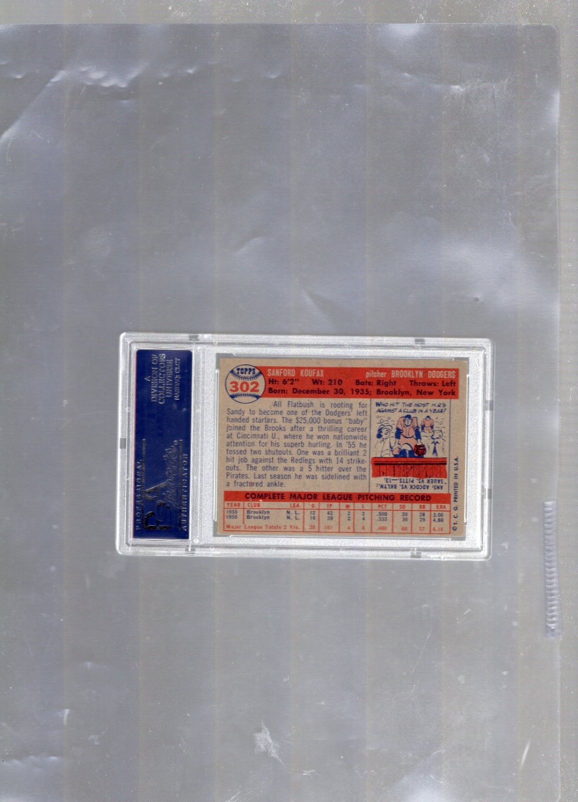 VINTAGE 1957 TOPPS HOF # 302 SANDY KOUFAX DODGERS Baseball Card PSA GRADE 5 EX view 2