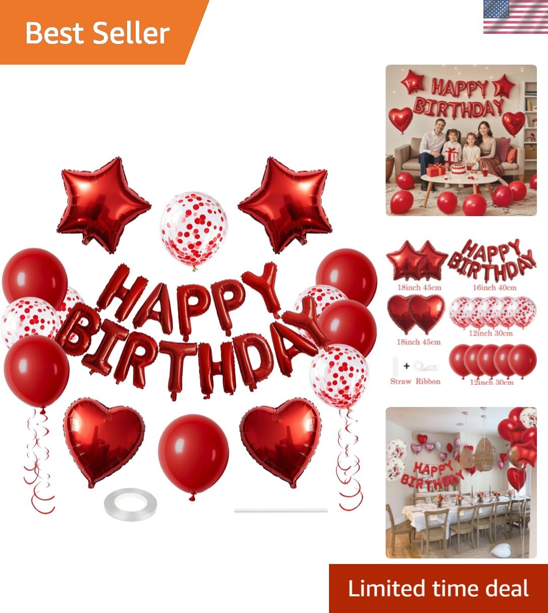 27 Pcs Red Birthday Decorations, 3D Foil Red Happy Birthday Balloon Banner, P...