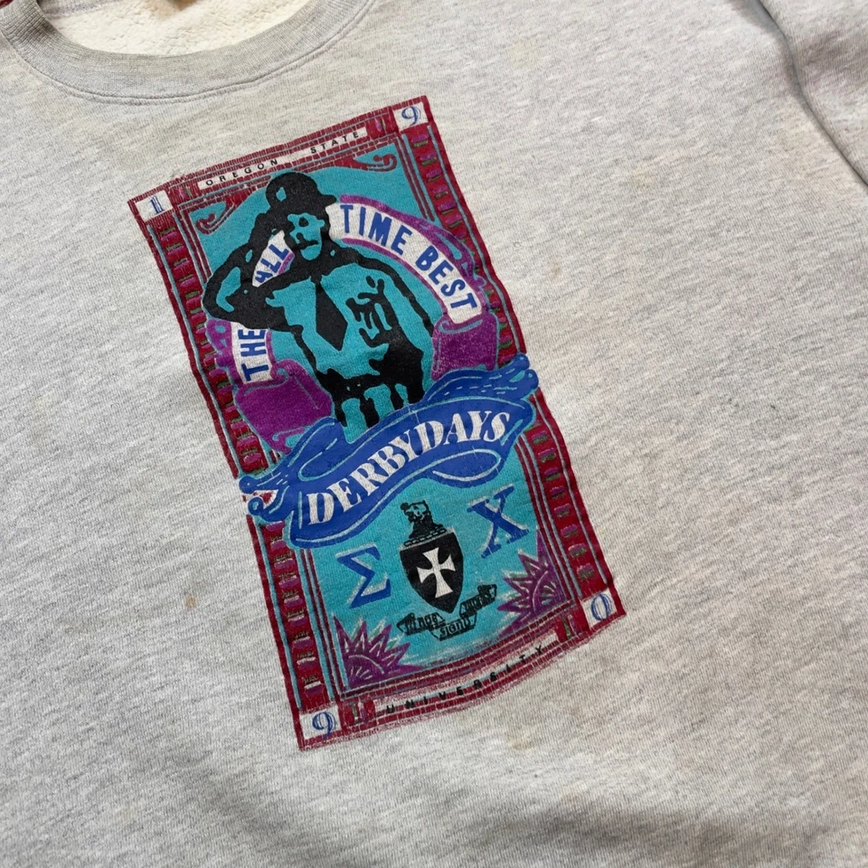 Sudadera University of Oregon Derby Days She's Wild 1990 Vintage XL Gris Foto 3 de 4