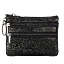 Black Leather Coin Purse Pouch with 3 Zipper Pockets for Cards and Cash