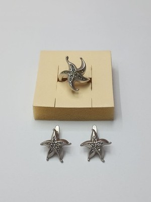Jenavi Starfish Jewelry Set Ring Size 8 Earrings Silver Plated Crystals Vintage