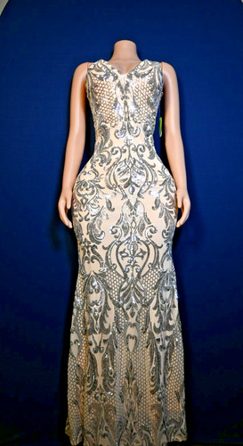 Windsor Silver Sequin Scroll Mesh V-Neck Formal Dress Prom Evening 65'' Size L
