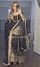 Designer Embroidery Sequence Work Black Palazzo Suit With Dupatta For Wedding