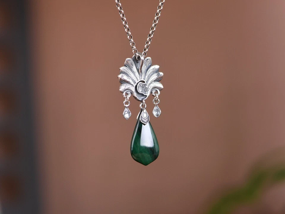 L05 Ciondolo Pavone Con Goccia In Malachite Verde Argento Sterling 925 - Immagine 2 di 3