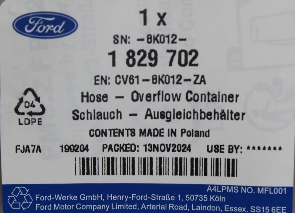 Tubo troppopieno acqua raffreddamento originale 1.0 EcoBoost Ford Focus - C-Max 1829702 - Immagine 2 di 2