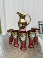 VINTAGE BOHEMIA CZECH REPUBLIC GOLD RED CRYSTAL  GLASS PITCHER & CUPS SET