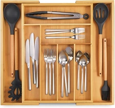 Expandable Bamboo Kitchen Drawer Organizer - Adjusts to Drawer Size - Bamboo Sil