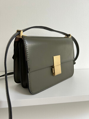 M&S MARKS SPENCER Khaki Smooth Faux Leather Box Clutch Shoulder Crossbody  Bag UK