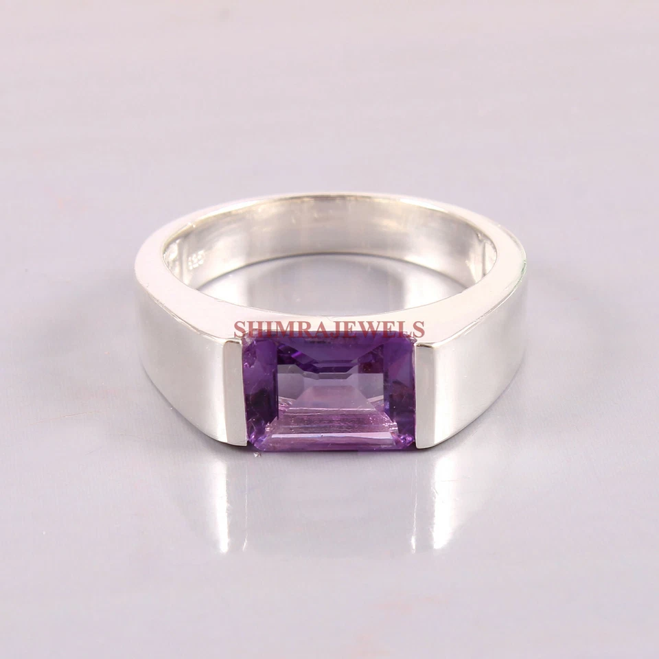 Anello In Argento Sterling 925 Con Gemma Naturale Di Ametista Per Uomo #149 - Immagine 2 di 3