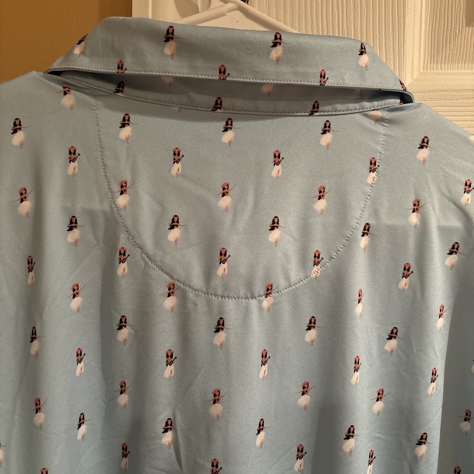 Straight Down Golf Polo Men's XL Hula Girl Print Blue Stretch Oyster