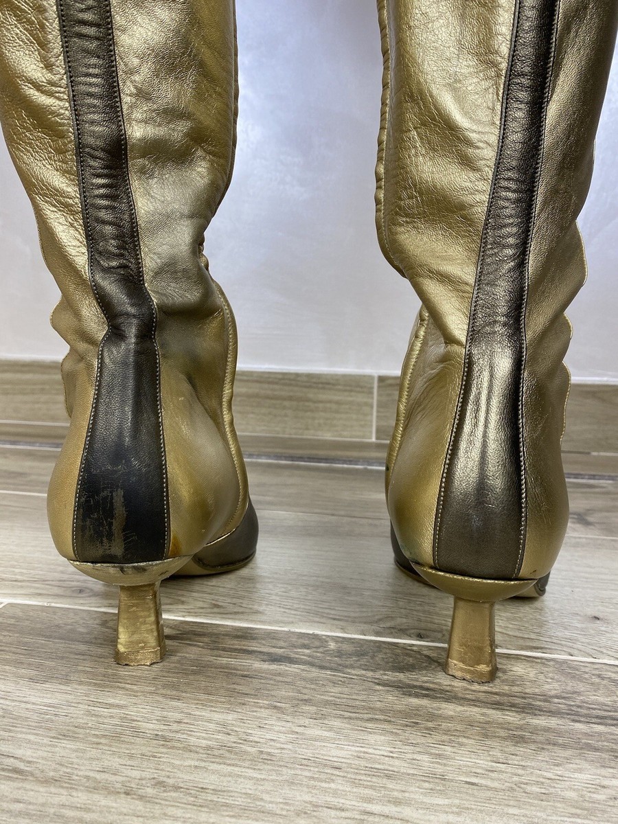 GUCCI by Tom Ford FW 2000 Two Tone Gold & Bronze Boots Heel Knee 