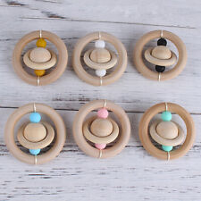 Safe Silicone Beads Natural Wooden Ring Teether Toys Baby Teething Pram Rattles