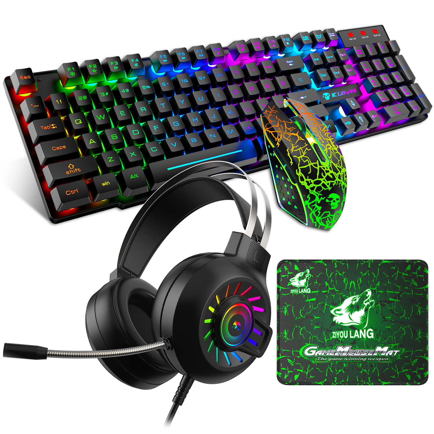 Combo de teclado y mouse con cable para juegos con alfombrilla de mouse y  auriculares, juego de juegos 4 en 1 100% tamaño completo LED RGB con luz  LED