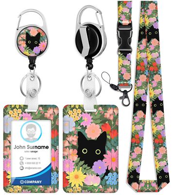 Toykee ID Badge Holder with Retractable Reel Clip Cute Black Cat Flowers Flor...