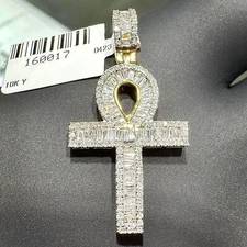 .75CTW Real Diamond 10K Yellow Gold Ankh Cross Charm Pendant