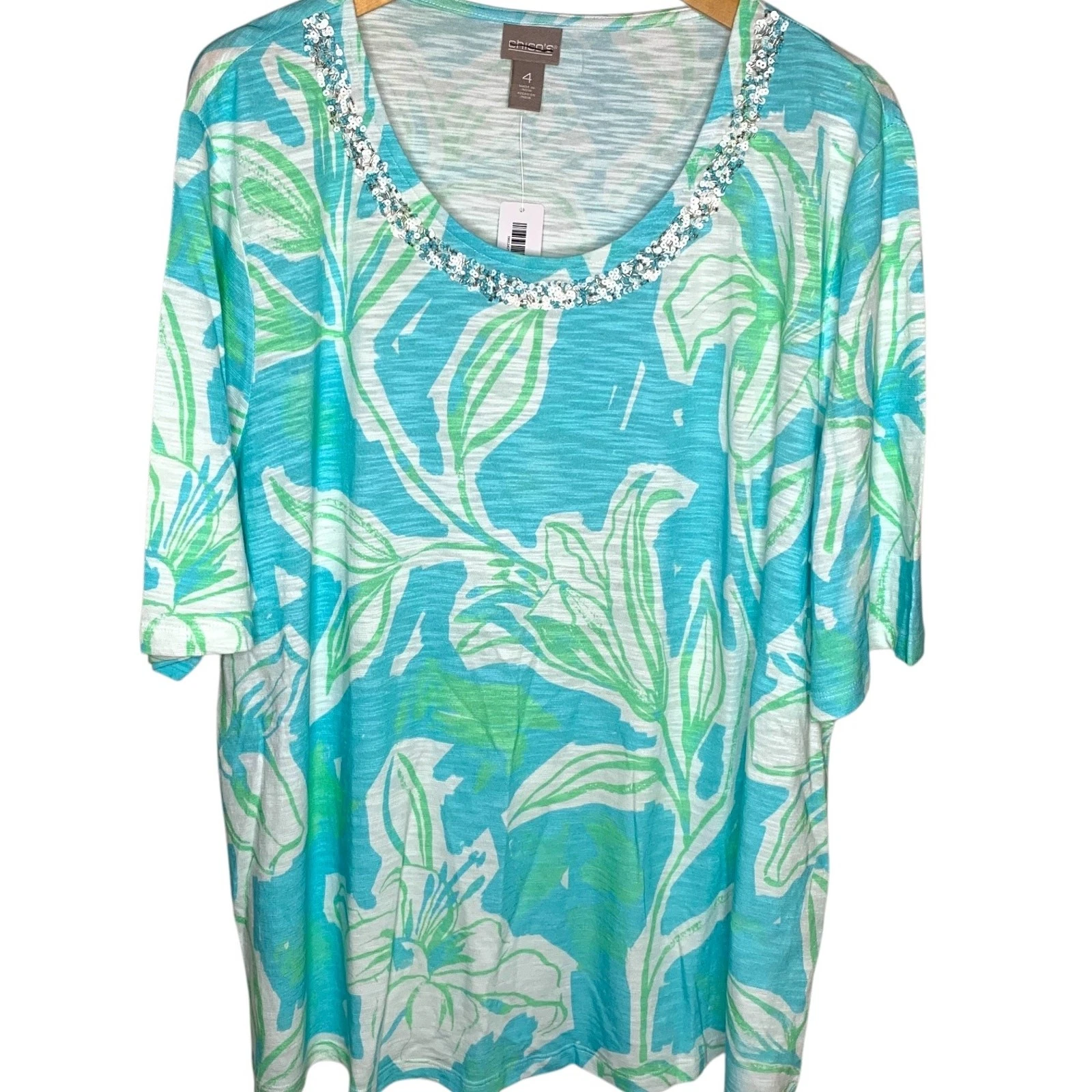 Chico's Top NWT Size 4 (2X) Floral Sequin Neck Coastal Grandma Elbow Sleeve