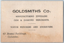 1930s Goldsmiths Co. Gem Diamond Merchants Business card Colombo Ceylon P199