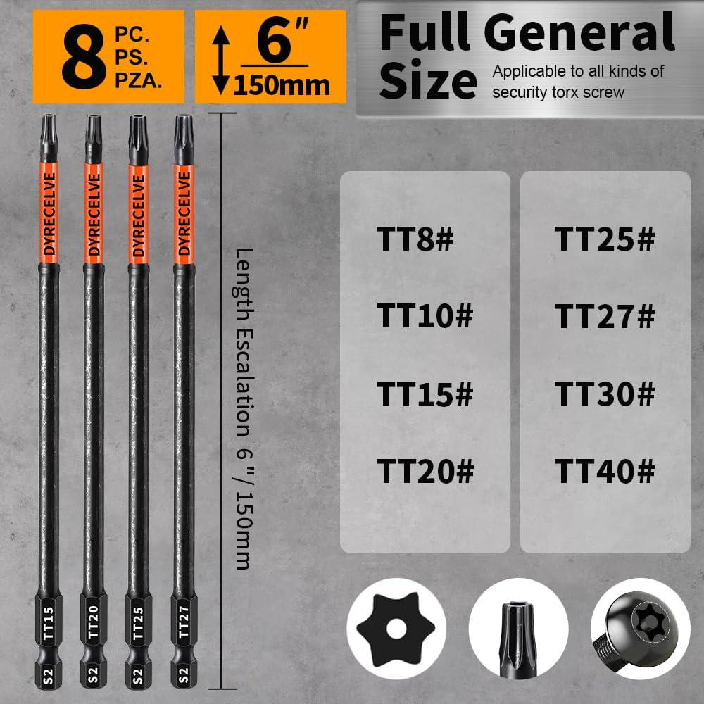 6 Inch Long Torx Bit Set 8-Pack, Impact Torx Bits (T8 to T40), Magnetic Security