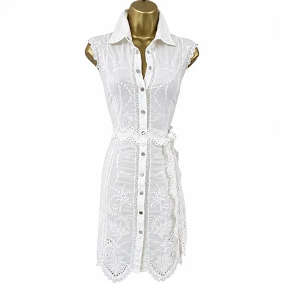 Karen Millen UK 10 Vintage Embroidered Broderie Cotton Belted Summer Shirt Dress - Image 1 of 4