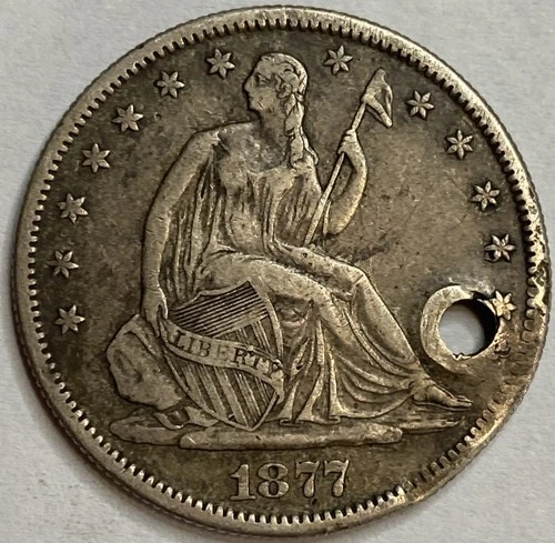 1877 S - Seated Liberty Half Dollar - VF+ Det Holed - Exact Coin Imaged #SL203