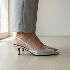 Gucci 764192 EU 37 US 7 Silver Metallic Leather Slingback Heels Pumps Italy NIB