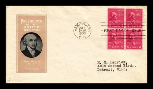 DR JIM STAMPS US JAMES MADISON PRESIDENTIAL FDC SCOTT 808 BLOCK IOOR COVER
