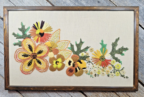 Large Vintage Floral Crewel Framed 30.5" x 19" MCM Mod Flowers Orange Yellow