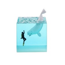 Resin Cube with Diver Transparent Ocean Diorama Tabletop for Bedroom